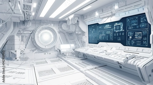 Fototapeta Naklejka Na Ścianę i Meble -  White spaceship interior in space with control panel digital screen 3D rendering