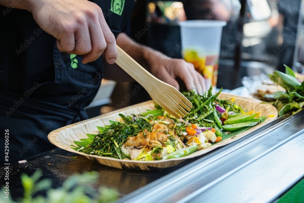 A food truck chef using a bamboo tong to serve food, with their hand gripping the tong over a compostable plate, with the food truck decorated with eco-friendly messaging. A food truck chef using a bamboo tong to serve food, with their hand gripping the tong over a compostable plate, with the food truck decorated with eco-friendly messaging.