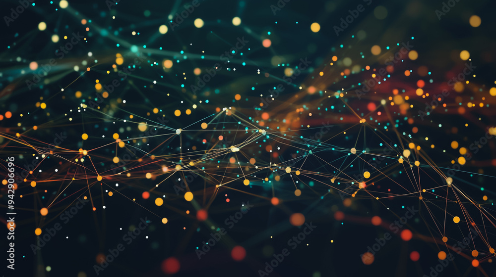 Obraz premium Abstract colorful business connection of lines from nodes It is connected to endless nodes and represents the innovation of communication in the network with black background