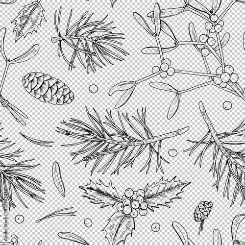 A detailed vector illustration of winter foliage, including mistletoe and holly leaves, arranged in a seamless pattern. The black and white design is ideal for creating holiday themed wrapping paper