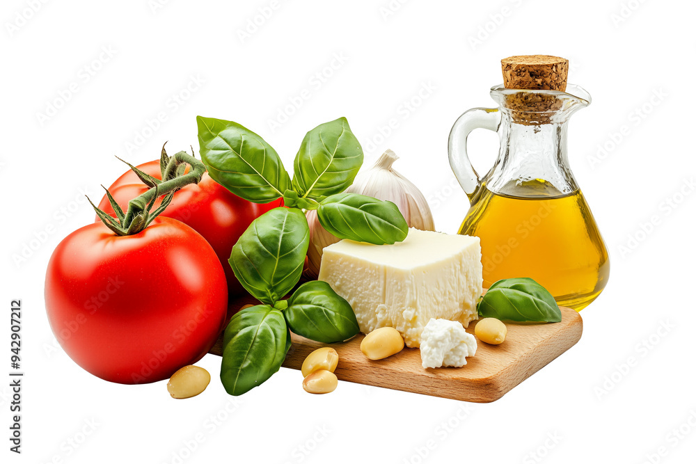 Ingredients for making pesto alla Siciliana, including red tomatoes, basil leaves, garlic, almonds, cheese and olive oil Ingredients for making pesto alla Siciliana, including red tomatoes, basil leaves, garlic, almonds, cheese and olive oil