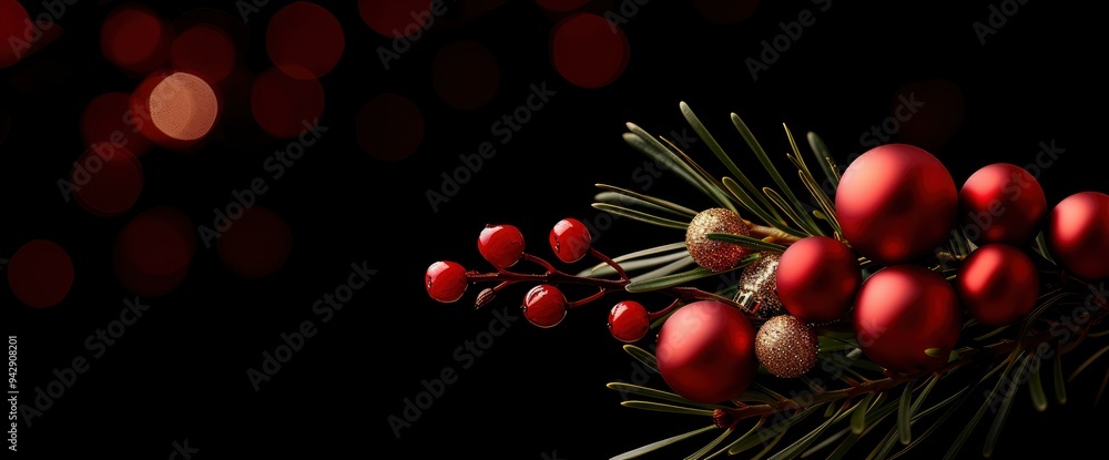 Christmas Ornament Decorations on Pine Branch with Red Berries and Bokeh Lights Christmas Ornament Decorations on Pine Branch with Red Berries and Bokeh Lights