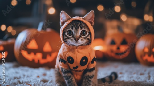 A fluffy cat in a playful orange Halloween outfit poses happily in front of carved pumpkins. The warm light creates a festive atmosphere perfect for the season photo