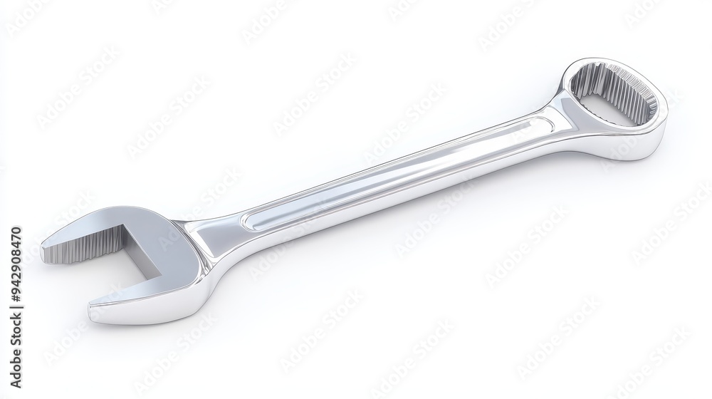 A silver wrench is shown in a white background. The wrench is bent and has a handle. Concept of wear and tear, as the wrench appears to be old and used
