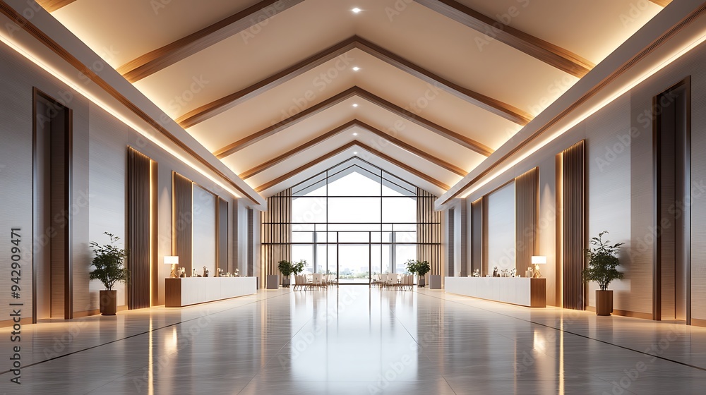 Fototapeta premium Luxurious Empty Reception Hall with High Vaulted Ceilings, Expansive Layout, and Sleek Modern Design