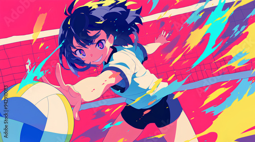 a girl playing volleyball, anime style, cute kawaii, simple, smiling happy, neon psychedelic background