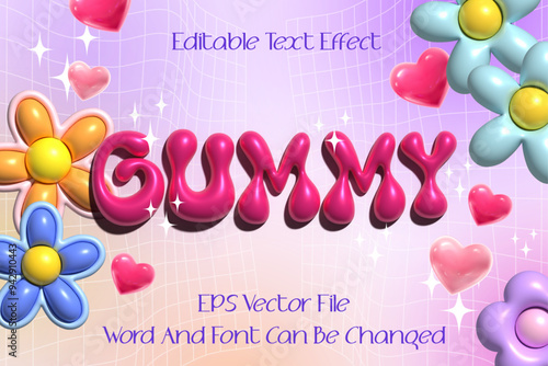 Bright pink retro y2k style editable inflated vector text effect