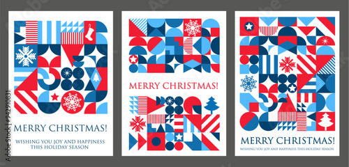 Christmas holiday abstract geometric greetings poster. Vector vibrant festive xmas cards in red, blue and white, with bold shapes and patterns, snowflakes, stars, and elements. Merry Christmas wishes