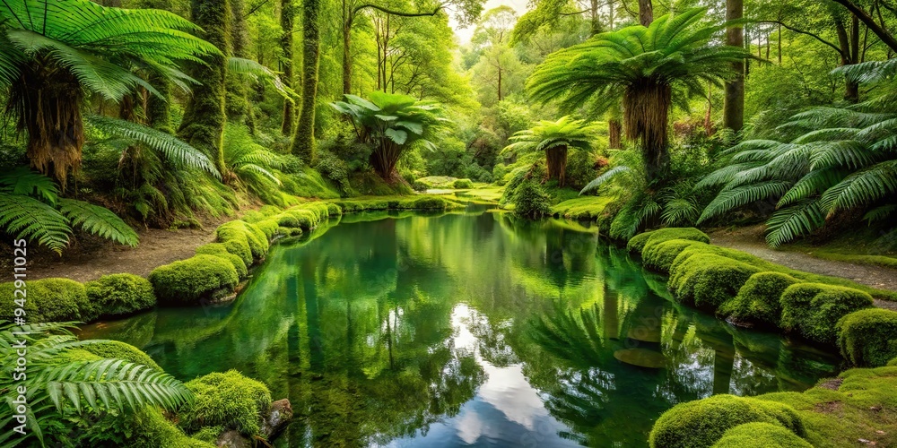 5. A tranquil fern green pond surrounded by moss and lush vegetation, reflecting the calm atmosphere, a realistic photo image. 5. A tranquil fern green pond surrounded by moss and lush vegetation, reflecting the calm atmosphere, a realistic photo image.