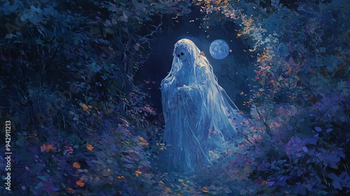 A ghost with a tattered floral veil of dark violets and autumn leaves, enchanted forest under a full moon photo