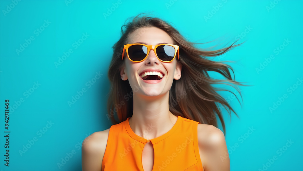 custom made wallpaper toronto digitalA joyful young woman wearing a bright orange dress and sunglasses smiles widely against a vibrant blue background