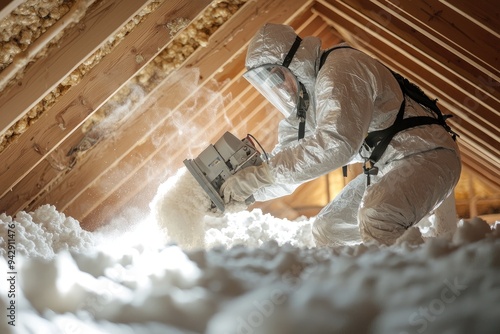 A worker in protective gear applies insulation. The photo shows the process of installing blown-in insulation in an attic.