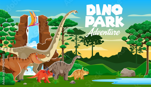 Prehistoric dinosaurs at dino park landscape with Jurassic lizard characters, vector cartoon background. Kids dino park or dinosaurs atlas book with funny T-rex and prehistoric reptiles in forest