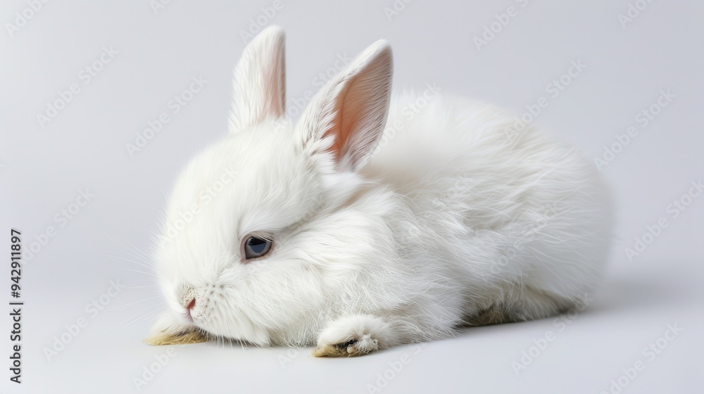 White Rabbit Close-Up on Clean Background. Adorable Domestic Animal Creature White Rabbit Close-Up on Clean Background. Adorable Domestic Animal Creature
