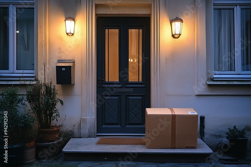 Evening Delivery: A Large Cardboard Box on a Doorstep Illuminated by Warm Porch Lights in a Residential Setting