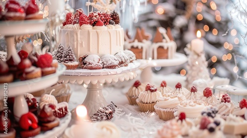 Winter Dessert. Celebratory Cake on Winter-Themed Dessert Table Background