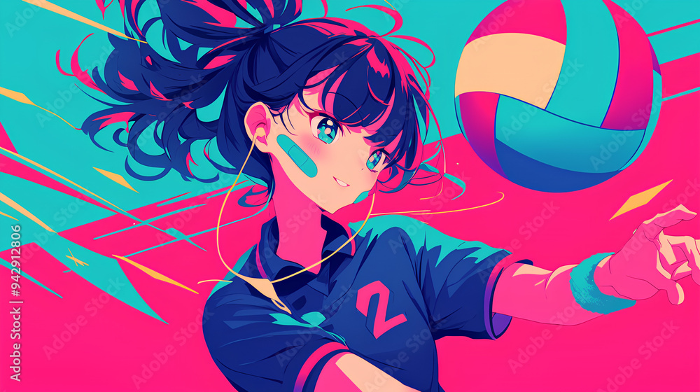 a girl playing volleyball, anime style, cute kawaii, simple, smiling happy, neon psychedelic background a girl playing volleyball, anime style, cute kawaii, simple, smiling happy, neon psychedelic background