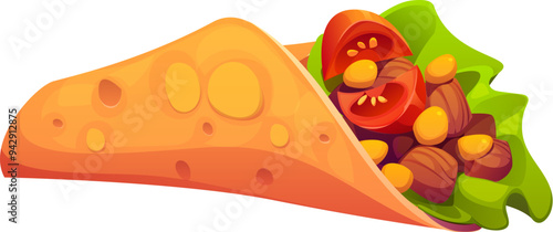 Cartoon shawarma fast food meal. Isolated vector street dr snack, corn pita bread filled with fresh ingredients tomatoes, beans, lettuce and meat pieces. Takeaway cafe appetizing and delicious menu