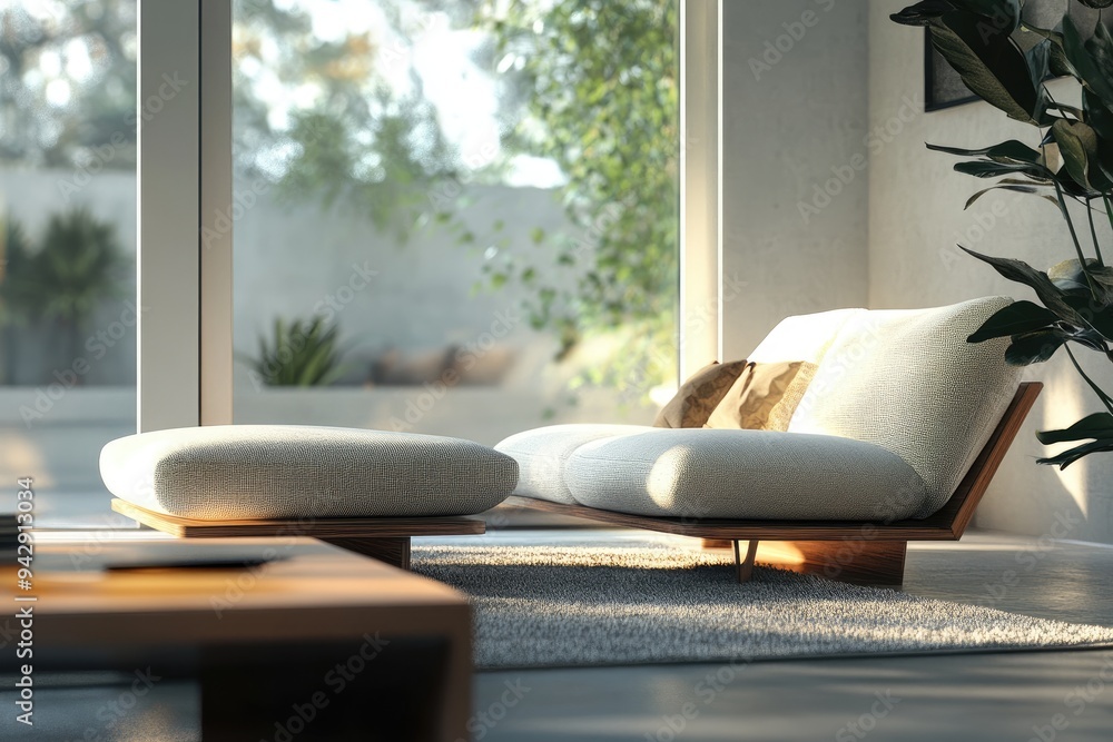 Fototapeta premium Modern sofa with ottoman in a living room. Perfect for showcasing interior design, furniture, and relaxation.