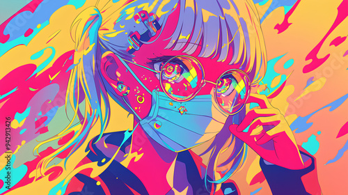 a girl wearing a mask, anime style, cute kawaii, simple, smiling happy, neon psychedelic background