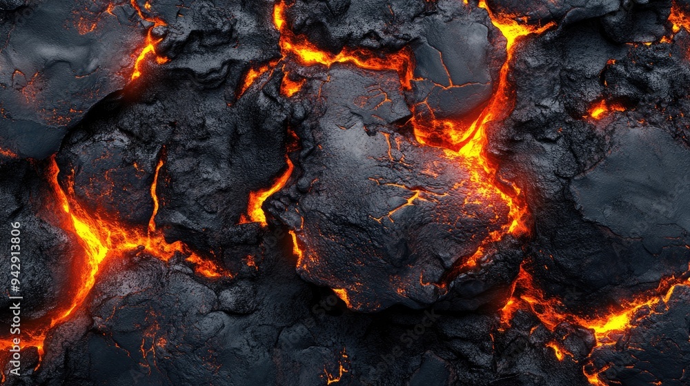 Molten lava flows through cracked rock. This image is perfect for designs related to nature, geology, and the power of nature. Molten lava flows through cracked rock. This image is perfect for designs related to nature, geology, and the power of nature.