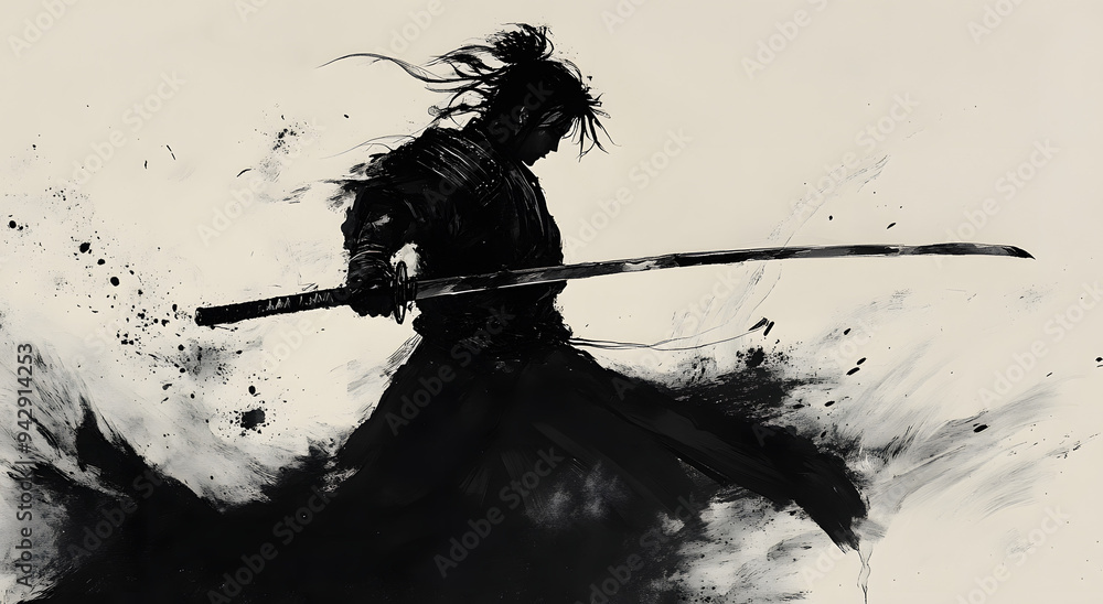 A Samurai in an Attacking Pose, Illustrated in Ink Drawing Style with Detailed Brushstrokes, Capturing the Intensity and Precision of Traditional Japanese Martial Arts, Showcasing the Dynamic Movement A Samurai in an Attacking Pose, Illustrated in Ink Drawing Style with Detailed Brushstrokes, Capturing the Intensity and Precision of Traditional Japanese Martial Arts, Showcasing the Dynamic Movement