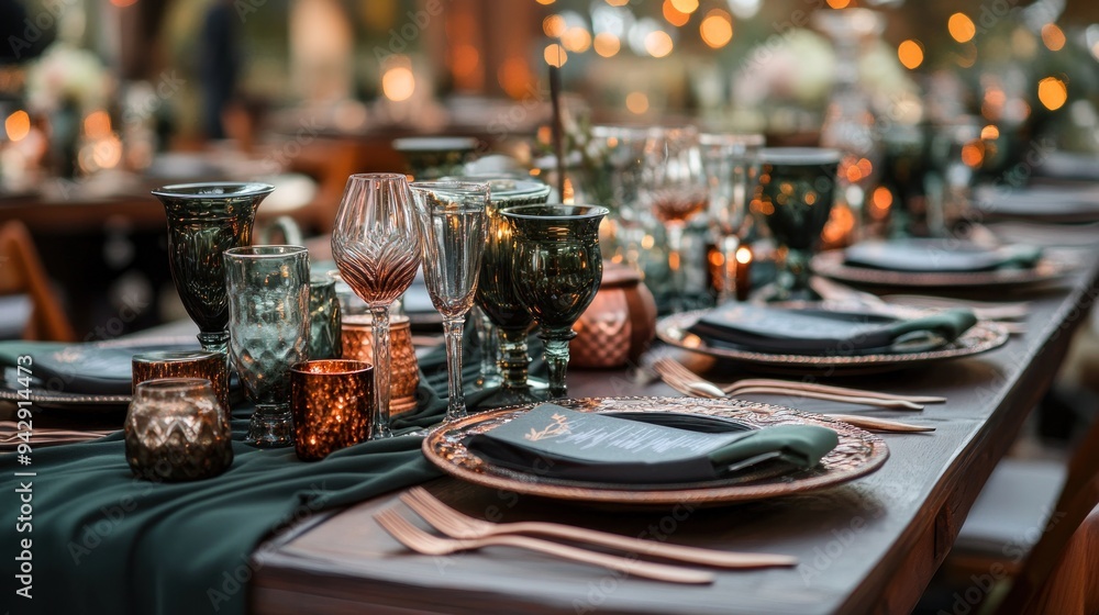 Table Decor: Drape tables in dark greens and rich browns, with silverware and accents in copper or brushed gold, resembling the natural textures and tones of the mountains.. Table Decor: Drape tables in dark greens and rich browns, with silverware and accents in copper or brushed gold, resembling the natural textures and tones of the mountains..