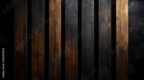 A close-up of a dark background featuring an abstract arrangement of wooden slats with different depths, highlighting the texture and design elements 