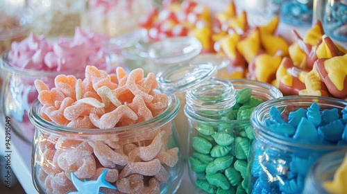 Candy jars filled with saltwater taffy, gummy sharks, and other beach-themed treats.. --ar 16:9 --v 6.1 Job ID: 5541678c-57ac-40d6-b0b4-d0bcdfc48c1a