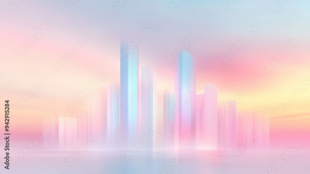 A city skyline with pink and blue buildings is reflected in the water. The sky is a mix of pink and blue, creating a serene and calming atmosphere A city skyline with pink and blue buildings is reflected in the water. The sky is a mix of pink and blue, creating a serene and calming atmosphere