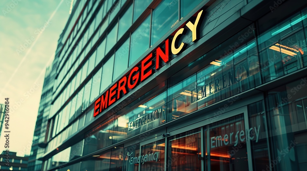 Obraz premium High-Resolution Photo of Red 'EMERGENCY' Sign on Glass Facade of Hospital Entrance