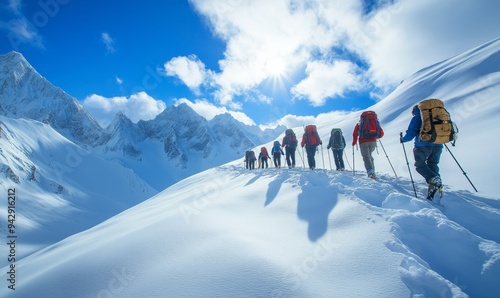 Mountaineering team ascending snowy peak, alpine expedition adventure, winter summit climb scene, majestic mountain landscape backdrop