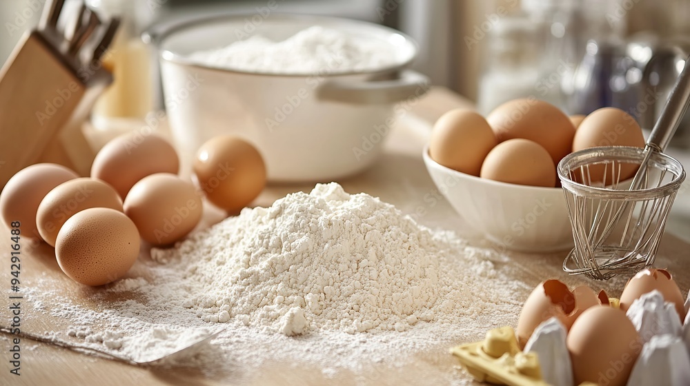 Ingredients for baking spread out on a kitchen counter, including flour, eggs, and sugar. Ingredients for baking spread out on a kitchen counter, including flour, eggs, and sugar.
