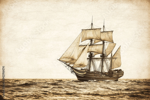 A vintage sailboat with billowing sails navigates the open ocean