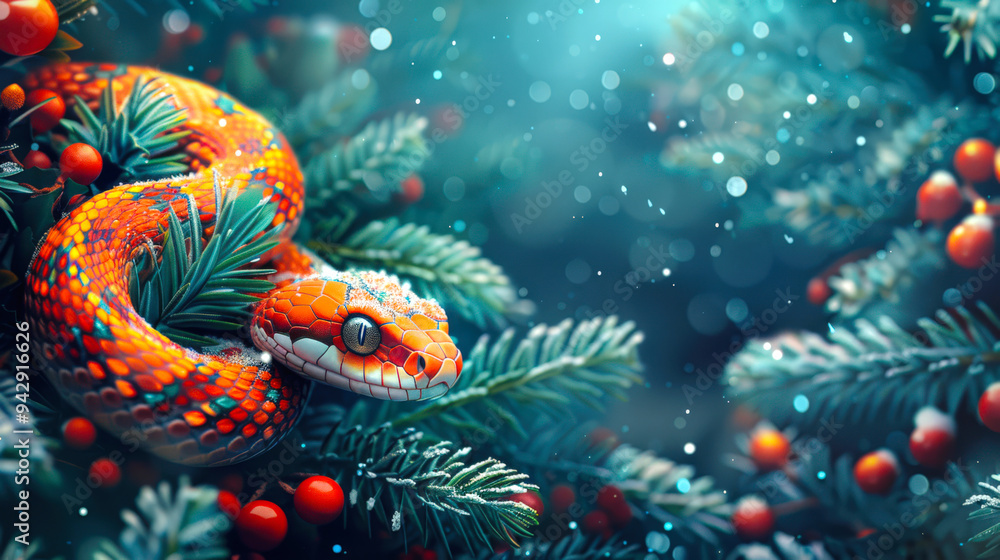 Christmas card for the new year of the snake according to the Eastern calendar. An orange snake curled up on a fir tree with berries on it. The image has a whimsical and playful mood Christmas card for the new year of the snake according to the Eastern calendar. An orange snake curled up on a fir tree with berries on it. The image has a whimsical and playful mood