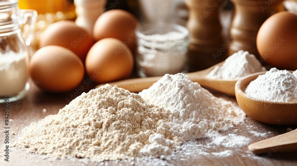 Ingredients for baking spread out on a kitchen counter, including flour, eggs, and sugar. Ingredients for baking spread out on a kitchen counter, including flour, eggs, and sugar.