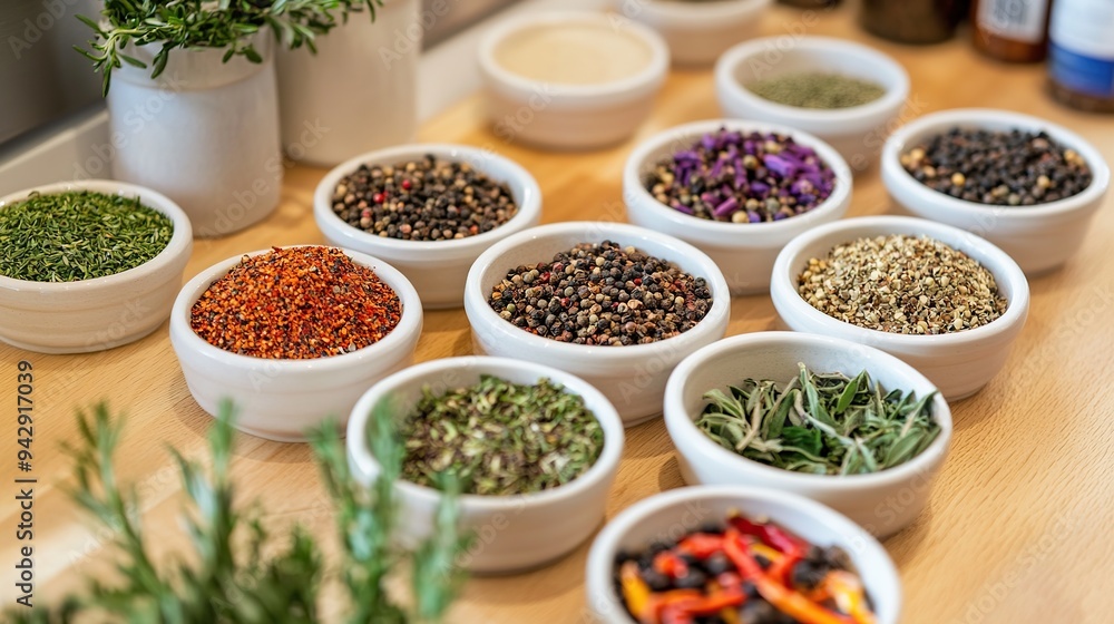 Spices and herbs in small bowls ready for cooking in a modern kitchen. Spices and herbs in small bowls ready for cooking in a modern kitchen.