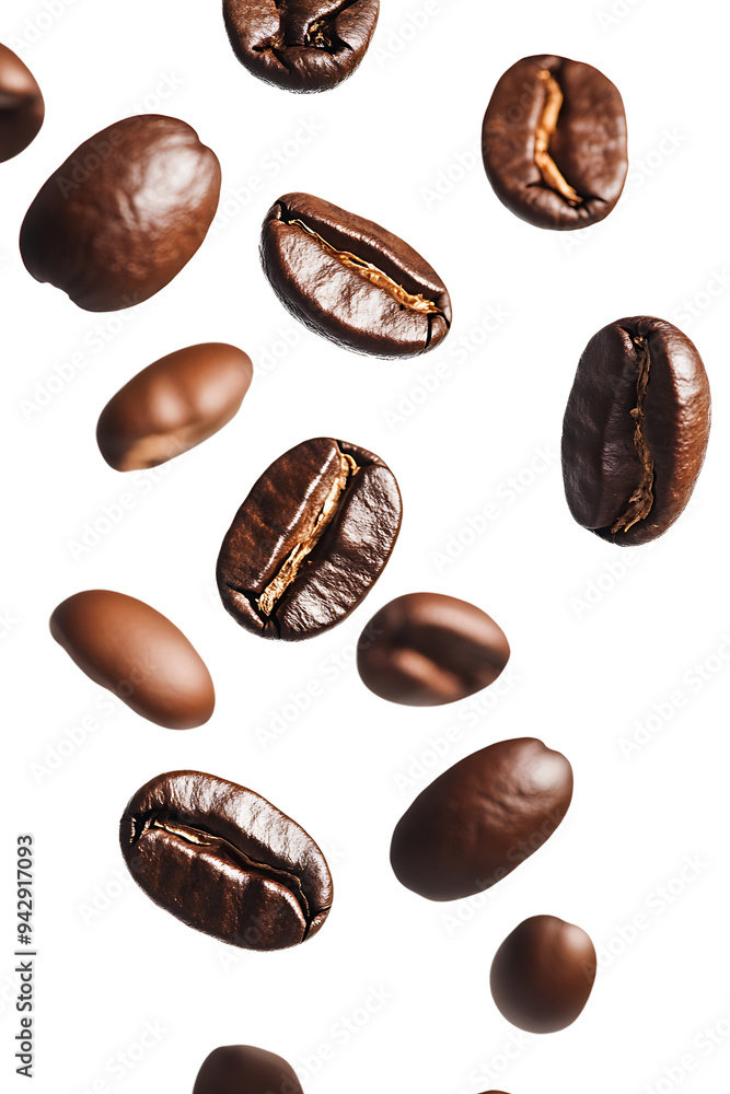 Close-Up of Coffee Beans Floating in the Air, Isolated on White Background Close-Up of Coffee Beans Floating in the Air, Isolated on White Background