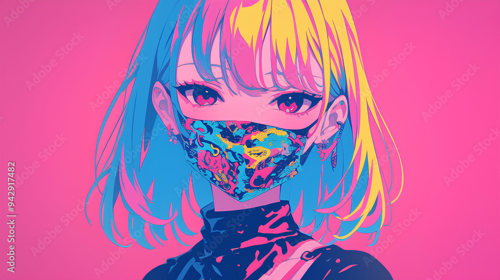 a girl wearing a mask, anime style, cute kawaii, simple, smiling happy, neon psychedelic background a girl wearing a mask, anime style, cute kawaii, simple, smiling happy, neon psychedelic background