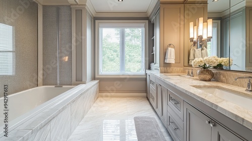 A high-end bathroom with sleek, marble countertops and elegant dÃ©cor. --ar 16:9 --v 6.1 Job ID: 94d5011f-502b-4375-bad6-4f5e077bb1e0