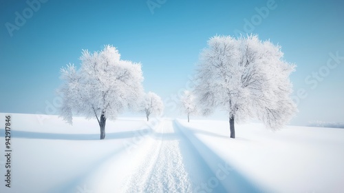 Snowy path between two frost-covered trees in winter wonderland landscape. Pristine white scenery with clear blue sky, showcasing nature's serene beauty and solitude in cold weather