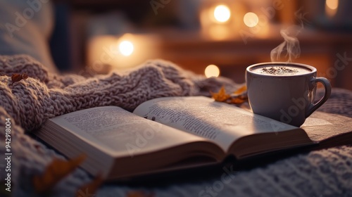 A cozy scene with a cup of coffee on a table, alongside a book or journal. Soft lighting adds a calming atmosphere. --ar 16:9 --v 6.1 Job ID: f9b310cd-208f-4d9e-9fca-b3d104470cb4