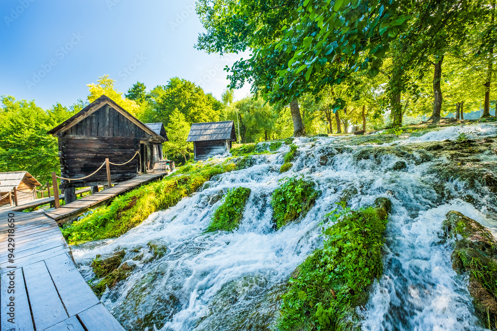 Old wooden mills Mlincici near Jajce on Plivsko Lake, Bosnia and Herzegovina