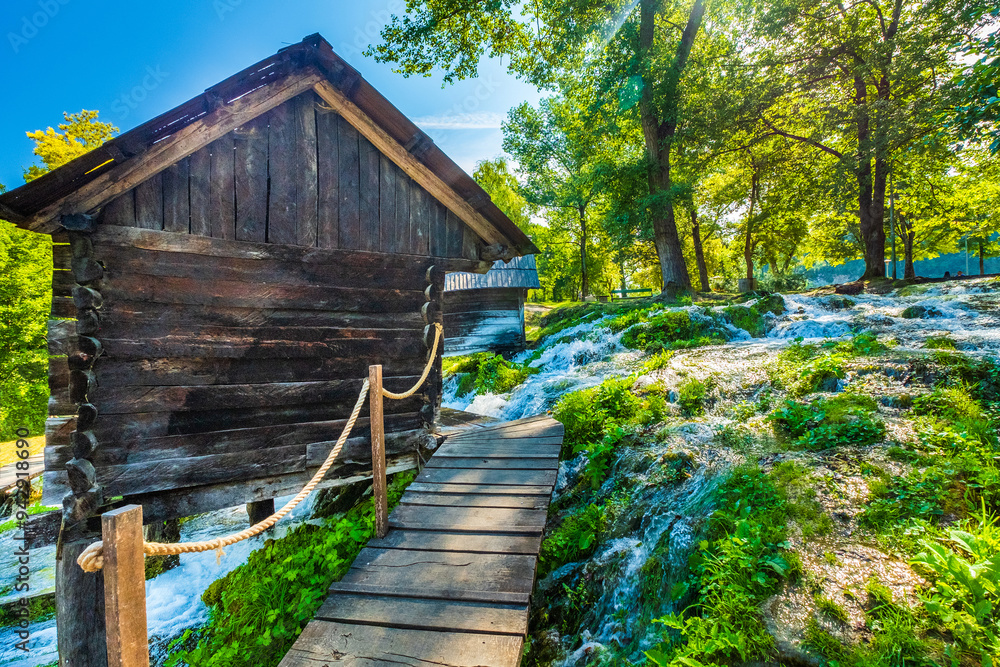 Old wooden mills Mlincici near Jajce on Plivsko Lake, Bosnia and Herzegovina