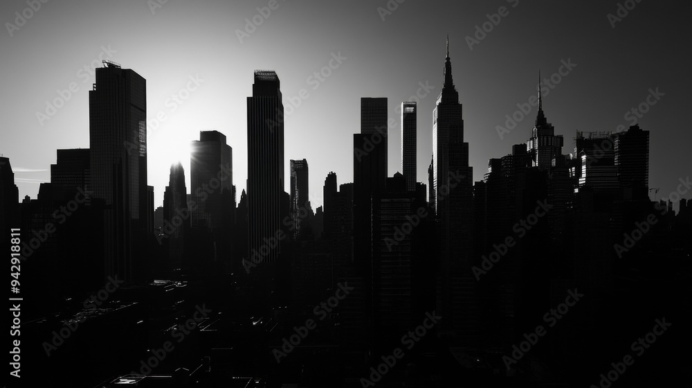 Naklejka premium A black-and-white shot of a cityâ€™s skyline, emphasizing shapes and shadows. --ar 16:9 --v 6.1 Job ID: da796e20-ff43-44ac-adc0-7d3c9542d004