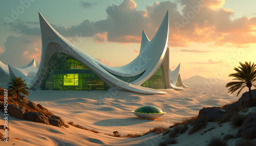 Desert Oasis with Futuristic Tower