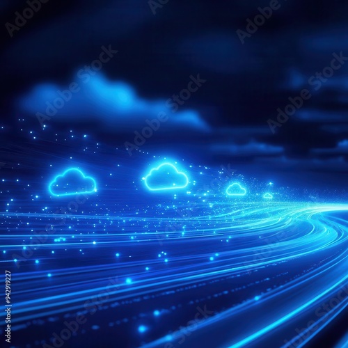 Migrating data packets in a cloud highway, symbolizing cloud computing migration processes and seamless data transfer