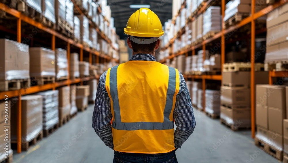 In the warehouse, an employee wearing a safety vest In the warehouse, an employee wearing a safety vest
