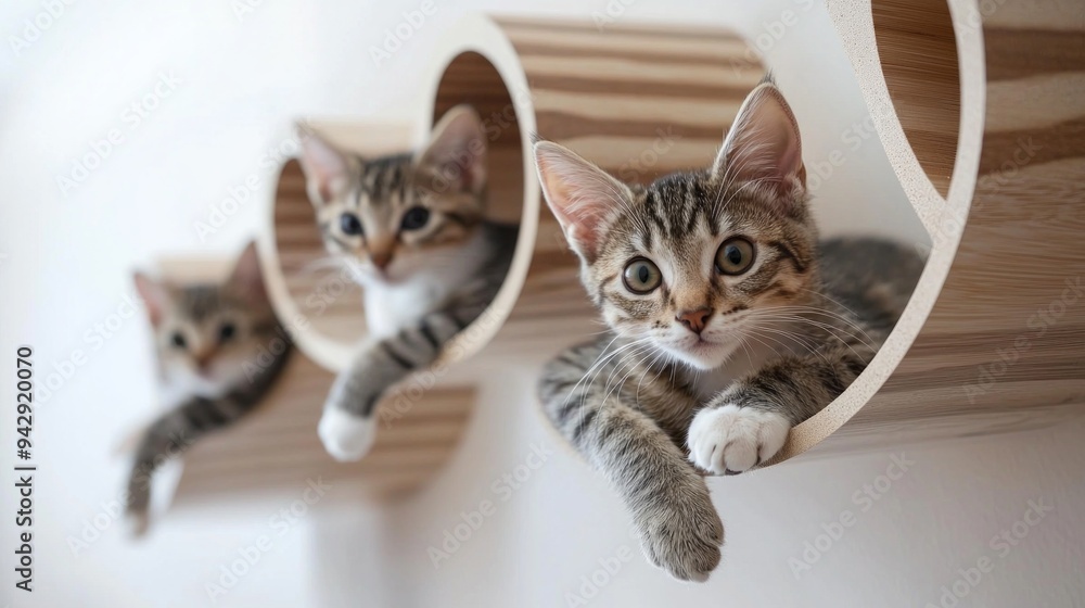 Cat standing on modern DIY cat climbing wallscapes Cat standing on modern DIY cat climbing wallscapes