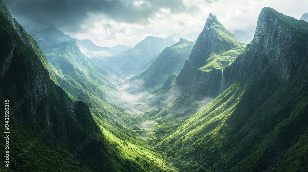 Misty Mountain Valley with a Waterfall Misty Mountain Valley with a Waterfall